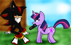 Size: 1786x1138 | Tagged: safe, artist:soul-yagami64, character:twilight sparkle, crossover, gun, mouth hold, shadow the hedgehog, sonic the hedgehog (series), weapon