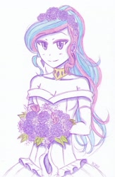 Size: 1808x2765 | Tagged: safe, artist:dragonemperror2810, character:princess celestia, species:human, blushing, bouquet, bride, clothing, dress, female, humanized, solo, wedding dress
