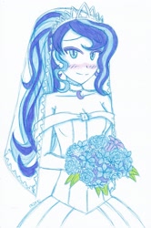 Size: 1821x2746 | Tagged: safe, artist:dragonemperror2810, character:princess luna, species:human, blushing, bouquet, clothing, dress, female, humanized, partial color, solo, wedding dress
