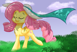 Size: 2099x1423 | Tagged: safe, artist:ikarooz, character:fluttershy, species:pegasus, species:pony, alternate hairstyle, clothing, dappled sunlight, eyes closed, female, folded wings, grass, hat, mare, outdoors, raised leg, shade, sky, solo, sun hat, three quarter view, walking, wings