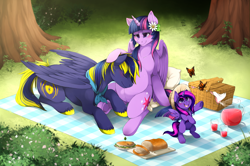 Size: 2000x1328 | Tagged: safe, artist:mr-tiaa, character:twilight sparkle, character:twilight sparkle (alicorn), oc, oc:violet star, oc:zephyr, parent:twilight sparkle, parents:canon x oc, species:alicorn, species:pony, alicorn oc, bandana, butterfly, canon x oc, eyes closed, female, filly, flower, flower in hair, forest, offspring, parent:oc:zephyr, parents:twiphyr, picnic, picnic basket, picnic blanket, pregnant, prone, rearing, shipping, twiphyr