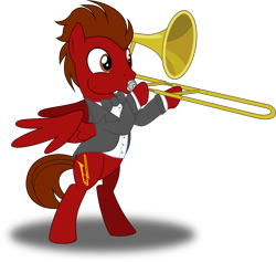 Size: 3164x3000 | Tagged: safe, artist:ruinedomega, oc, oc only, oc:slide fortissimo, species:pegasus, species:pony, derpibooru community collaboration, 2017 community collab, clothing, jazz, musician, puffy cheeks, simple background, solo, spread wings, standing, transparent background, trombone, tuxedo, wings