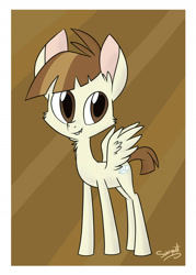 Size: 1024x1434 | Tagged: safe, artist:flourret, character:featherweight, species:pegasus, species:pony, abstract background, bucktooth, cheek fluff, ear fluff, foal, male, neck fluff, signature, smiling, solo, spread wings, standing, wings
