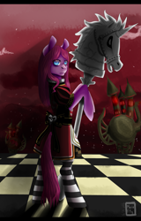 Size: 2903x4548 | Tagged: safe, artist:maria-fly, character:pinkamena diane pie, character:pinkie pie, species:pony, alice:madness returns, bipedal, clothing, female, hobby horse, solo