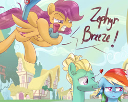Size: 2500x2000 | Tagged: safe, artist:redheadfly, character:rainbow dash, character:scootaloo, character:zephyr breeze, species:pegasus, species:pony, episode:flutter brutter, g4, my little pony: friendship is magic, heart, scooter, this will end in pain