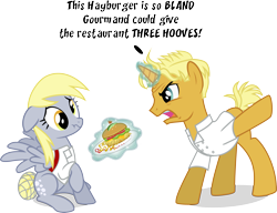 Size: 3615x2771 | Tagged: safe, artist:nstone53, character:derpy hooves, character:gourmand ramsay, species:pegasus, species:pony, species:unicorn, episode:spice up your life, g4, my little pony: friendship is magic, burger, female, floppy ears, food, gordon ramsay, hay burger, magic, mare, ponified, simple background, telekinesis, transparent background