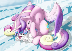 Size: 1280x906 | Tagged: safe, artist:ravvij, character:princess cadance, character:princess flurry heart, species:alicorn, species:pony, episode:the crystalling, g4, my little pony: friendship is magic, bathing, blep, crystal empire, cute, eyes closed, female, filly, fluffy, flurrybetes, grooming, happy, horses doing horse things, laughing, licking, mama cadence, mare, missing accessory, mother and daughter, open mouth, prone, sitting, smiling, spread wings, tickling, tongue bath, tongue out, underhoof, weapons-grade cute, wings