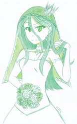 Size: 1760x2841 | Tagged: safe, artist:dragonemperror2810, character:queen chrysalis, species:human, clothing, dress, female, flower, humanized, looking at you, smiling, solo, wedding dress