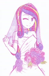 Size: 1793x2788 | Tagged: safe, artist:dragonemperror2810, character:princess cadance, species:human, clothing, dress, female, flower, humanized, smiling, solo, wedding dress, wink