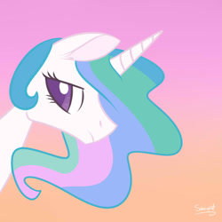 Size: 900x900 | Tagged: safe, artist:flourret, character:princess celestia, species:alicorn, species:pony, bust, ear fluff, evening, female, frown, gradient background, mare, missing accessory, outdoors, portrait, sad, signature, sky, solo