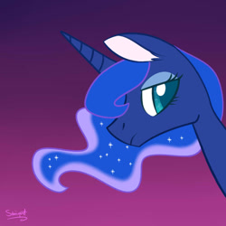 Size: 900x900 | Tagged: safe, artist:flourret, character:princess luna, species:alicorn, species:pony, ear fluff, evening, female, frown, gradient background, lidded eyes, mare, missing accessory, outdoors, sad, signature, sky, solo