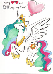Size: 2158x2987 | Tagged: safe, artist:catscratchpaper, character:princess celestia, episode:hearts and hooves day, g4, my little pony: friendship is magic, balloon, cute, cutelestia, eyes closed, female, heart, heart balloon, mouth hold, solo, valentine, valentine's day