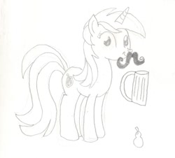 Size: 1260x1137 | Tagged: safe, artist:barryfrommars, character:lyra heartstrings, species:pony, species:unicorn, female, food, grayscale, looking at you, monochrome, moustache, mug, pear, smiling, solo, traditional art