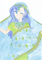 Size: 2460x3480 | Tagged: safe, artist:dragonemperror2810, character:princess luna, my little pony:equestria girls, clothing, female, humanized, indian, jewelry, scarf, solo, wink