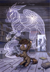 Size: 1200x1713 | Tagged: safe, artist:stasysolitude, oc, oc only, species:earth pony, species:griffon, species:pony, book, fanfic art, statue