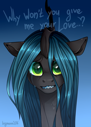 Size: 1000x1400 | Tagged: safe, artist:bigmoon206, character:queen chrysalis, species:changeling, bronybait, changeling queen, crying, cute, cutealis, dialogue, female, gradient background, looking at you, sad, signature, solo