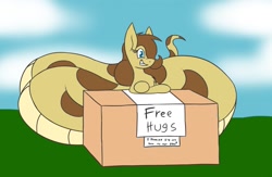 Size: 1280x837 | Tagged: safe, artist:metalaura, oc, oc only, oc:hissyfit, species:lamia, eyelashes, female, fluffy, free hugs, grin, hair over one eye, imma snuggle you, it's a trap, looking at you, original species, sign, smiling, snek, solo