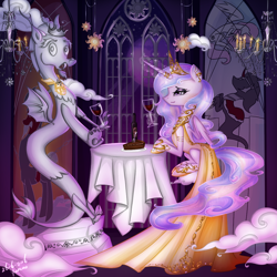Size: 1000x1000 | Tagged: safe, artist:yuntaoxd, character:discord, character:king sombra, character:princess celestia, alcohol, alternate costumes, bedroom eyes, bracelet, cake, cakelestia, clothing, cloud, crown, dinner, dress, ear piercing, earring, eyeshadow, female, food, glass, gown, husbando dinner, jewelry, makeup, male, mare in the moon, night, petrification, piercing, regalia, shoes, stained glass, statue, statue discord, stone, tyrant celestia, wine, wine bottle, wine glass
