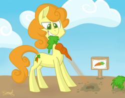 Size: 3000x2350 | Tagged: safe, artist:flourret, character:carrot top, character:golden harvest, species:earth pony, species:pony, carrot, cheek fluff, cloud, determined, ear fluff, female, food, mare, mouth hold, outdoors, signature, sky, solo, standing