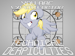 Size: 1200x900 | Tagged: safe, artist:inkwell, character:derpy hooves, species:pegasus, species:pony, female, food, mare, muffin, pun, smiling, solo, technical difficulties