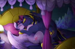 Size: 1524x1000 | Tagged: safe, artist:mr-tiaa, character:twilight sparkle, character:twilight sparkle (alicorn), oc, oc:zephyr, species:alicorn, species:pony, bed, blushing, canon x oc, cuddling, eyes closed, nuzzling, on back, shipping, snuggling, spread wings, twiphyr, wings