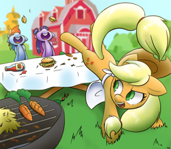 Size: 1626x1418 | Tagged: safe, artist:ikarooz, character:applejack, character:rainbow dash, character:twilight sparkle, character:twilight sparkle (alicorn), species:alicorn, species:earth pony, species:pegasus, species:pony, 4th of july, apron, barbeque, bucking, burger, carrot, clothing, cookout, food, grill, hay burger, herbivore, open mouth, sweet apple acres, table