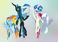 Size: 1260x900 | Tagged: safe, artist:hudoyjnik, character:cloudchaser, character:dj pon-3, character:queen chrysalis, character:rainbow dash, character:roseluck, character:spitfire, character:vinyl scratch, eyes closed, floppy ears, flying, lifting, lifting ponies, one eye closed, scared, shy, smiling, wink
