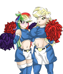 Size: 1280x1490 | Tagged: safe, artist:fourze-pony, character:derpy hooves, character:rainbow dash, species:human, belly button, big breasts, breasts, busty derpy hooves, cheerleader, female, humanized, midriff, watermark
