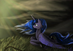 Size: 6117x4330 | Tagged: safe, artist:vinicius040598, character:princess luna, absurd resolution, cloud, crepuscular rays, female, grass, missing accessory, prone, solo