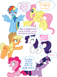 Size: 2406x3258 | Tagged: safe, artist:inkrose98, character:applejack, character:fluttershy, character:pinkie pie, character:rainbow dash, character:rarity, character:twilight sparkle, body swap, comic sans, font, hilarious in hindsight, mane six, monotype corsiva, text