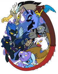 Size: 1000x1267 | Tagged: safe, artist:vertizontal, character:descent, character:discord, character:fido, character:gilda, character:nightmare moon, character:nightshade, character:princess luna, character:rover, character:trixie, species:diamond dog, species:draconequus, species:griffon, species:pegasus, species:pony, species:unicorn, action poster, antagonist, female, male, mare, shadowbolts, spot, stallion