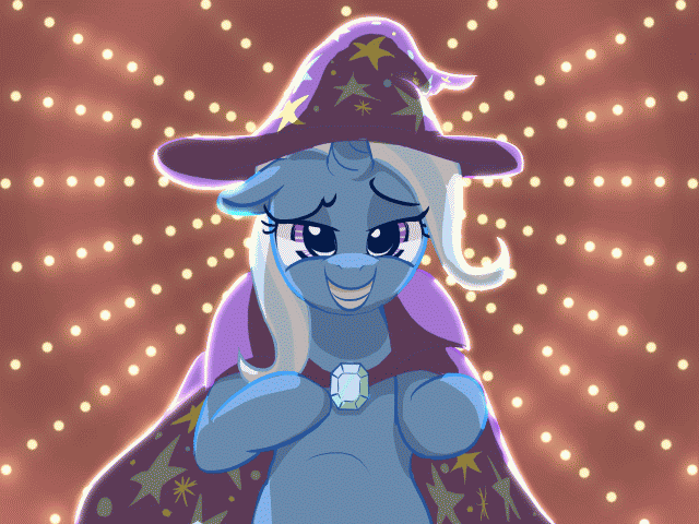 Size: 640x480 | Tagged: safe, artist:masak9, character:trixie, species:pony, species:unicorn, animated, backlighting, bipedal, clothing, female, floppy ears, gif, grin, hat, looking at you, mare, robe, smiling, solo, trixie's cape, trixie's hat