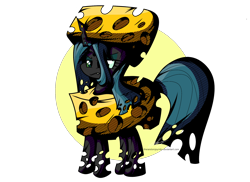 Size: 2200x1600 | Tagged: safe, artist:therandomjoyrider, character:queen chrysalis, species:changeling, g4, cheese, cheese hat, cheeselegs, clothing, female, food, hat, queen chrysalis is not amused, queen swissalis, simple background, solo, three quarter view, transparent background, unamused