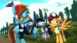 Size: 1920x1080 | Tagged: safe, artist:powdan, character:cloudchaser, character:night glider, character:rainbow dash, character:scootaloo, oc, species:pegasus, species:pony, episode:wonderbolts academy, 3d, clipboard, gmod, goggles, medal, older, rainbow waterfall, scootaloo can fly, sunglasses, waterfall, wonderbolt scootaloo, wonderbolt trainee uniform, wonderbolts dress uniform