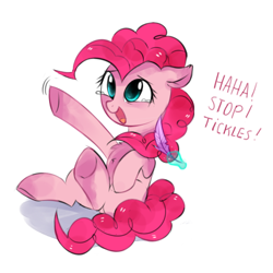 Size: 455x455 | Tagged: safe, artist:aureai, character:pinkie pie, chest fluff, cute, diapinkes, feather, female, floppy ears, magic, offscreen character, solo, tickling