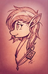Size: 1639x2523 | Tagged: safe, artist:tamikimaru, oc, oc only, oc:swift autumn, species:pony, bust, ear, earbuds, hair, ipod, jewelry, long neck, mp3 player, music, necklace, sketch, smiling, solo, traditional art
