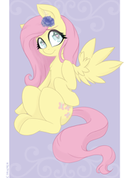 Size: 1024x1390 | Tagged: safe, artist:cyanyeh, character:fluttershy, cute, female, flower, flower in hair, looking at you, sitting, solo