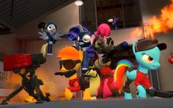 Size: 1680x1050 | Tagged: safe, artist:asmodeusthesexlord, character:rainbow dash, species:earth pony, species:pegasus, species:pony, species:unicorn, 3d, butterfly knife, derpy soldier, engiejack, engineer, female, fire, flamethrower, gmod, gun, hooves, horn, mare, optical sight, pinkie pyro, pyro, rainbow scout, rarispy, rifle, rocket launcher, scattergun, scout, sentry gun, sniper, sniper rifle, soldier, spread wings, spy, team fortress 2, twilight sniper, weapon, wings, wrench
