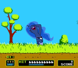 Size: 448x392 | Tagged: safe, artist:tamalesyatole, edit, character:princess luna, species:duck, duck hunt, female, game, hunting, laughing, nose in the air, solo