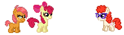 Size: 305x88 | Tagged: safe, artist:anonycat, artist:ponynoia, character:apple bloom, character:babs seed, character:twist, species:earth pony, species:pony, desktop ponies, adorababs, bow, cute, female, filly, freckles, glasses, gritted teeth, hair bow, lidded eyes, pixel art, simple background, smiling, trio, twistabetes, white background