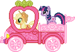 Size: 250x174 | Tagged: safe, artist:anonycat, character:applejack, species:earth pony, species:pony, species:unicorn, desktop ponies, animated, applejack truck, cardboard cutout, cardboard twilight, driving, duo, female, pickup truck, side view, simple background, sprite, transparent background, truck