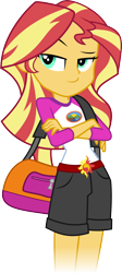 Size: 3380x7570 | Tagged: safe, artist:mewtwo-ex, character:sunset shimmer, equestria girls:legend of everfree, g4, my little pony: equestria girls, my little pony:equestria girls, absurd resolution, clothing, crossed arms, duffle bag, female, raised eyebrow, shorts, simple background, smirk, smug, smugset shimmer, solo, transparent background, vector