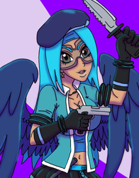 Size: 1024x1303 | Tagged: safe, artist:katkathasahathat, oc, oc only, oc:tempest (ice1517), species:human, baton, beret, breasts, cleavage, clothing, ear piercing, earring, female, gloves, goggles, gun, handgun, humanized, humanized oc, jewelry, knife, midriff, piercing, pistol, pleated skirt, skirt, solo, weapon, winged humanization