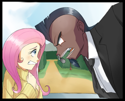 Size: 1168x938 | Tagged: safe, artist:sallymon, character:fluttershy, character:iron will, species:human, episode:putting your hoof down, g4, my little pony: friendship is magic, black hair, clothing, cyan eyes, dark skin, digital art, human coloration, humanized, light skin, necktie, nose piercing, nose ring, open mouth, piercing, pink hair, scene interpretation, suit, sweater, sweatershy, teeth, teeth grinding, turtleneck, yellow eyes, yellow sweater