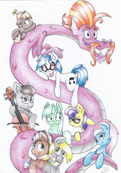 Size: 1627x2321 | Tagged: safe, artist:cyanyeh, character:bon bon, character:button mash, character:derpy hooves, character:dj pon-3, character:doctor whooves, character:lotus blossom, character:lyra heartstrings, character:octavia melody, character:steven magnet, character:sweetie drops, character:time turner, character:vinyl scratch, species:pegasus, species:pony, species:sea serpent, ship:doctorderpy, episode:slice of life, g4, my little pony: friendship is magic, adorabon, buttonbetes, cute, doctorbetes, female, lotusbetes, magnetbetes, male, mare, shipping, straight, tavibetes, traditional art, vinylbetes