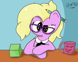 Size: 2439x1961 | Tagged: safe, artist:bronybehindthedoor, character:grace manewitz, coffee mug, desk, female, glasses, looking at you, pencil, signature, solo
