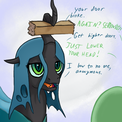 Size: 800x800 | Tagged: safe, artist:adequality, artist:benaspace, artist:whitemaneddragon, character:queen chrysalis, oc, oc:anon, species:changeling, changeling queen, collaboration, cute, cutealis, dialogue, female, funny, open mouth, unamused, wood