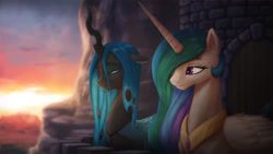 Size: 2160x1215 | Tagged: safe, artist:starblaze25, character:princess celestia, character:queen chrysalis, species:alicorn, species:changeling, species:pony, ship:chryslestia, a change of heart, balcony, castle, changeling queen, female, lesbian, mare, shipping