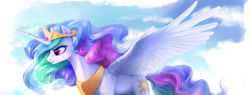 Size: 4856x1851 | Tagged: safe, artist:cannibalus, character:princess celestia, species:alicorn, species:pony, absurd resolution, aerography, cloud, cloudy, crown, decal, female, flying, frown, jewelry, majestic, mare, necklace, regalia, serious, serious face, side view, signature, solo, spread wings, too big for derpibooru, wings