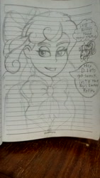 Size: 1872x3328 | Tagged: safe, artist:pokecure123, character:diwata aino, character:orange sherbette, my little pony:equestria girls, background human, dialogue, lined paper, monochrome, pervert, sketch, speech bubble, traditional art